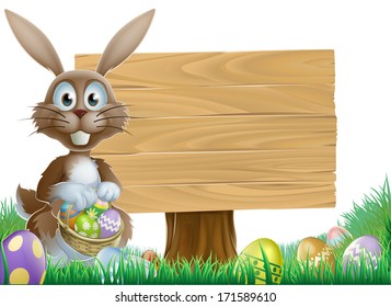 Easter bunny rabbit with a wooden sign holding painted Easter eggs basket