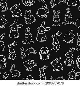 easter bunny, rabbits, animals vector chalk seamless pattern isolated on dark background. Concept for print, cards, textile