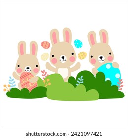 Easter bunny rabbits with baby chicks and Easter eggs, Welcome spring season
