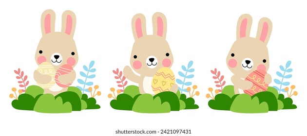 Easter bunny rabbits with baby chicks and Easter eggs, Welcome spring season
