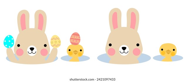 Easter bunny rabbits with baby chicks and Easter eggs, Welcome spring season