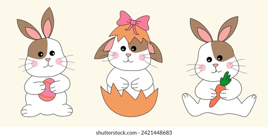Osterhasen-Kaninchen-Set. Kaninchen mit Osterei und Karotte, sitzt in der Schale mit Schleife. Frohe Ostern! Vektorflache Illustration.