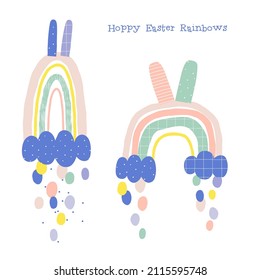 Easter bunny rainbows with clouds and rain vector illustration set isolated on white. Happy Easter Rainbows phrase. Groovy spring sky childish print for holiday postcard design.