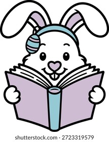 An Easter bunny reading a book is depicted in this cute cartoon vector illustration. The rabbit wears a headband with a decorated egg, perfect for spring holiday learning and education themes.