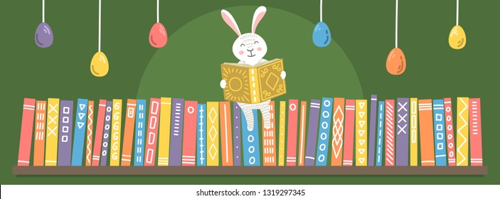 Easter bunny reading book on bookshelf. Cute greeting illustration for children libraries, bookstores, schools etc