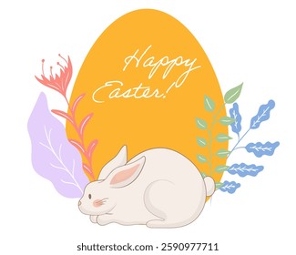 Easter bunny resting icon. A cute rabbit lying in front of a yellow egg with Happy Easter text, decorated with colorful leaves and flowers. Cozy spring holiday illustration