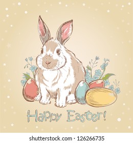 Easter bunny retro card with cute hand drawn flowers and  painted eggs