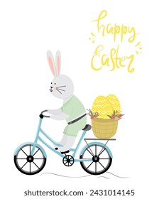 The Easter bunny rides a bicycle. There is a painted Easter egg on the bike and in the basket.  Happy easter. Horizontal poster, Easter greeting card, banner.