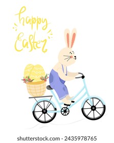 The Easter bunny rides a bicycle. There is a painted Easter egg on the bike and in the basket. Easter eggs. Horizontal poster