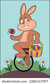 El conejo de Pascua monta en un monociclo.