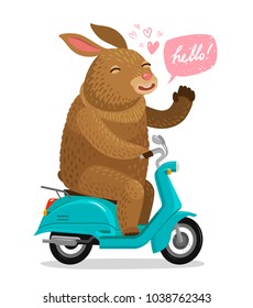 Easter Bunny riding on scooter. Cartoon vector illustration