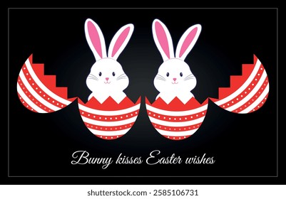 Easter bunny rises from broken eggs, cracked red eggs with white rabbit, easter illustration