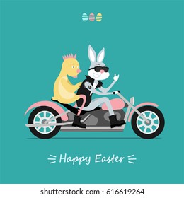 Easter Bunny rocker and  chick punk riding on motorcycle. Inscription Happy Easter. Vector illustration