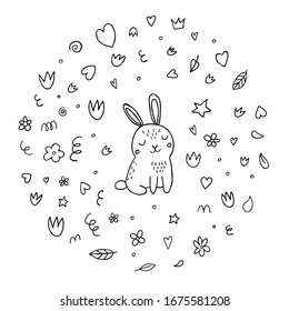 Easter bunny in a round form for a t-shirt or postcard. Spring doodle illustration