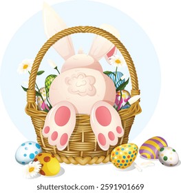 Easter Bunny Rummaging Through a Woven Basket Filled with Eggs and Daisies. Cute Cartoon Graphic Detailed Illustration.