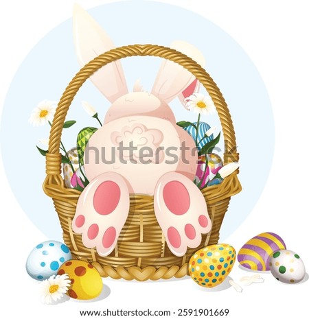 Easter Bunny Rummaging Through a Woven Basket Filled with Eggs and Daisies. Cute Cartoon Graphic Detailed Illustration.