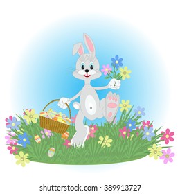 Easter bunny running across the lawn with a bouquet of flowers losing Easter eggs with basket