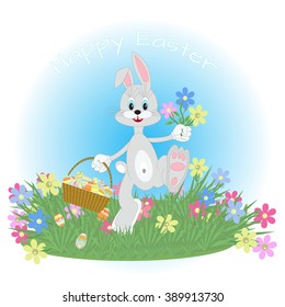 Easter bunny running across the lawn with a bouquet of flowers losing Easter eggs with basket