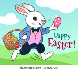 Easter bunny running in a field with basket full of colorful chocolate eggs vector cartoon illustration. Easter, spring, egg hunt theme design element for greeting cards, children's party.