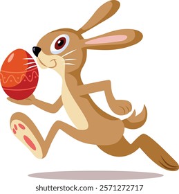 
Easter Bunny Running with Red Painted Egg Vector Cartoon. Happy hare delivering a painted traditional egg 
