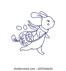 Easter bunny runs with bag with eggs. Holiday illustration isolated on white.