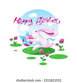 Easter bunny runs with a painted egg.