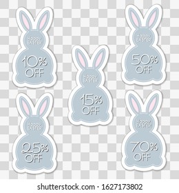 Easter bunny sale sticker label vector design with percents off numbers text. Grey and pink clipart for spring christian holiday promotion in shop or market.