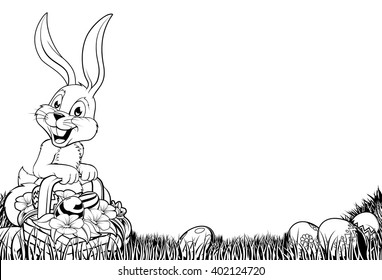An Easter bunny scene in black and white, perfect for printing, photocopying or coloring in