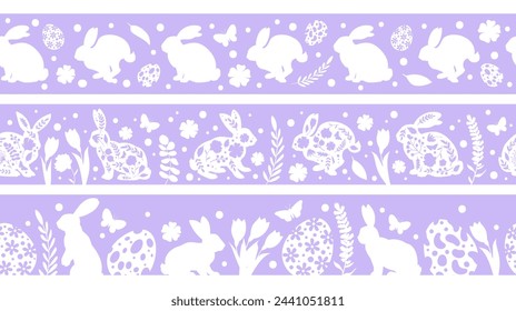 Easter bunny seamless borders. Cute rabbits dividers with Easter eggs and flowers, Easter eared hares frame borders flat vector illustration set. Spring holiday borders