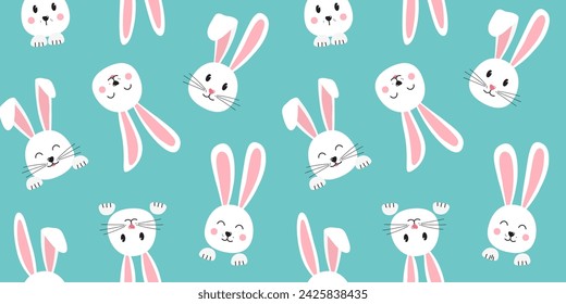 Easter bunny seamless pattern, cute rabbit print, cartoon head animal, face baby bunnies, spring character on green background. Funny bg. Vector illustration