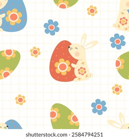 Easter Bunny Seamless pattern. Cute paschal rabbit with decorative Egg on white checkered background with flowers. Holiday Vector illustration in flat style. Kids collection