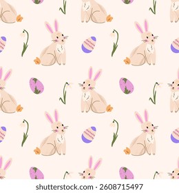 Easter bunny seamless pattern. Cute background with rabbit, snowdrop and eggs. Elegant vector texture for textile design, wrapping paper, wallpaper, poster