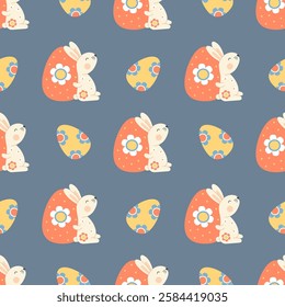 Easter Bunny Seamless pattern. Egg Hunt. Cute rabbit with paschal decorative Egg on blue background. Holiday Vector illustration in flat style. Kids collection