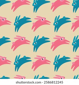 Easter bunny seamless pattern. Pink and blue rabbits on a beige background. Cute vector illustration for background, fabric, card, kids clothing