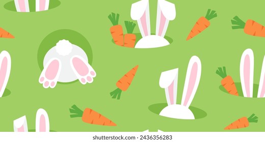 Easter bunny seamless pattern, rabbit butt and tail, ears. Animal in hole with carrot on green background. Funny vector print