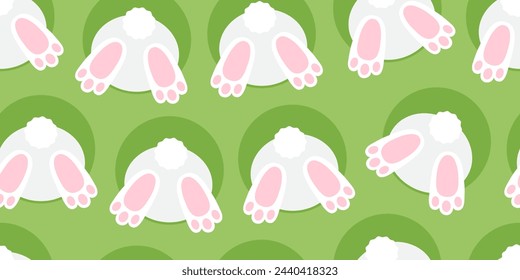 Easter bunny seamless pattern, rabbit tail. Animal in hole on green background. Funny vector print