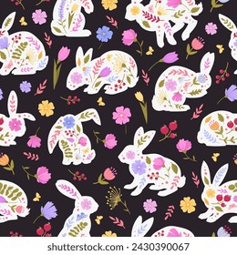 Easter bunny seamless pattern. Rabbits decorated with spring flowers, floral easter hare flat vector background illustration. Cute Easter rabbits endless design