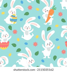 Easter bunny seamless pattern. Toddler bunnies, spring flourish festive background. Rabbit with eggs and flowers, cartoon hare decent vector print design