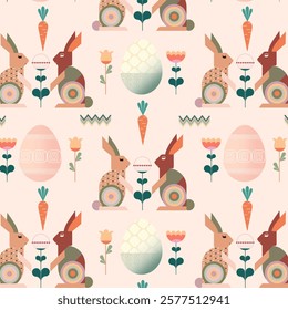 Easter bunny seamless pattern,colorful featuring bunnies, flowers, eggs, and carrots in a modern, geometric style with soft pastel tones. ideal for, Easter Decorations, apparel , home decor, packaging