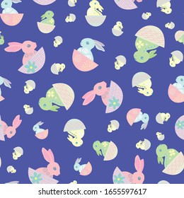 Easter bunny seamless vector pattern background. Cute decorated rabbit folk art illustration. Scandinavian style baby animals and spring symbols on purple backdrop. Christian celebration concept.