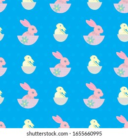 Easter bunny seamless vector pattern background. Cute decorated rabbit folk art illustration. Scandinavian style baby animals in baskets on polka dot backdrop. Christian spring celebration concept.