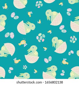 Easter bunny seamless vector pattern background. Decorated folk art rabbits, egg and chicks illustration. Scandinavian style baby animals and spring symbols backdrop. Christian celebration concept