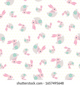 Easter bunny seamless vector pattern background. Decorated folk art rabbits on polka dot backdrop. Scandinavian style baby hares in nests spring symbols all over print Christian celebration concept