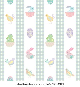 Easter bunny seamless vector pattern background. Decorated folk art rabbits, chicks, eggs illustration. Scandinavian style baby animals and gingham stripe backdrop. Christian lent celebration concept