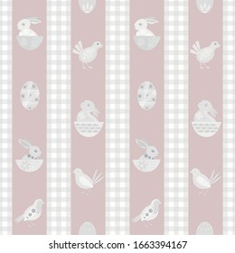 Easter bunny seamless vector pattern background. Cute rabbit , chicks, eggs illustration. Scandinavian style vintage color stripe and gingham backdrop. Christian lent and spring celebration concept.