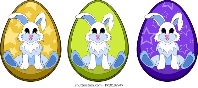 The Easter bunny series sits in an egg against a background of stars and without them, isolated on a white background 