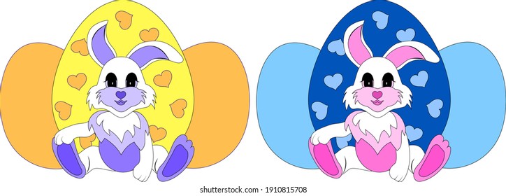 The Easter bunny series sits next to eggs with hearts isolated on a white background 