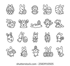 Easter bunny set with adorable cartoon characters holding eggs, sitting in basket, wearing hat and bow, smiling, feeling surprised, crying, and celebrating a cheerful holiday