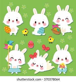 Easter bunny set - Easter bunnies with flowers and eggs - Cute cartoon characters