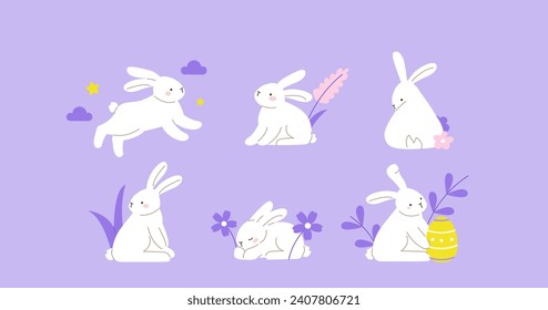 Juego de conejo de Pascua. Colecciones de lindo conejo o caracter liebre saltando, jugando, durmiendo y cazando huevos de Pascua. Ilustración vectorial de caricatura plana aislada 